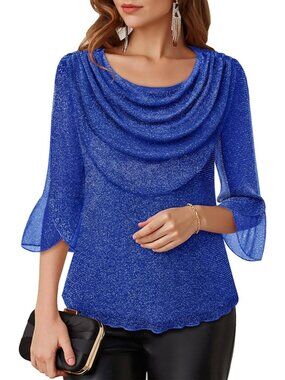Women's Blue Cowl Neck Blouse Dressy Casual Outfit 3/4 Sleeve Sparkly Top